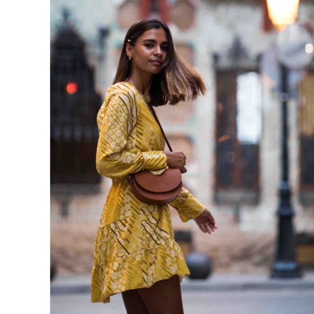 Ba&Sh Ophe Women's Mini Dress Size 0 Yellow Mustard Long Sleeve Tiered Fall